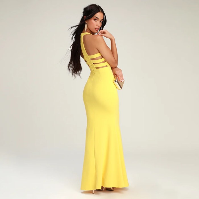 Yellow black tie wedding guest dress