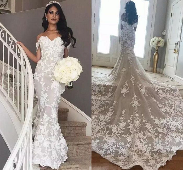 Mermaid wedding train long dresses strapless organza ruffled sweetheart gown brides bridal women