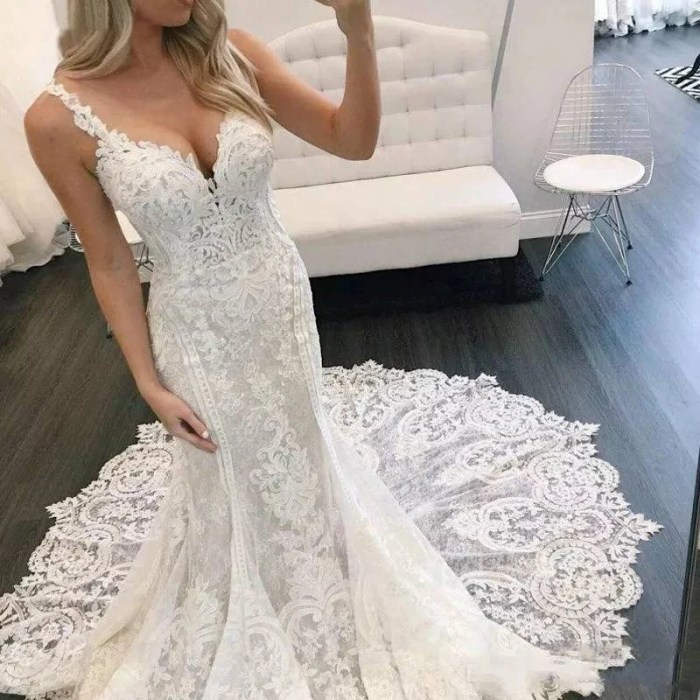 Wedding mermaid dress lace long sleeves vintage neck inspired gown slide previous